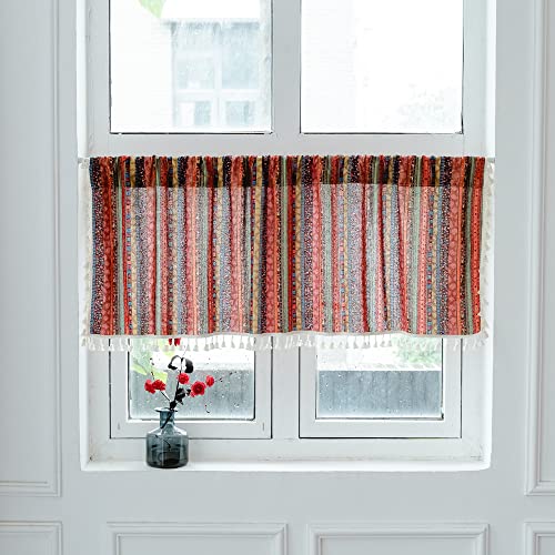 Ricemru Boho Ethno Scheibengardine Kurz Küche Modern 45 hoch Bunt Hippie Marokko Bistrogardinen Baumwolle und Leinen Kurzgardinen Küchegardine Fenstervorhang mit Quasten 1 Stück,132x45cm von Ricemru