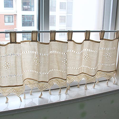 Ricemru Creme Scheibengardine Landhaus Häkel Kleine Fenster 45cm Hoch Baumwolle Leinen Quaste Bistrogardine Küche Kurz Kurzstores Schiebevorhang Halbe Vorhang Café,45x145cm von Ricemru