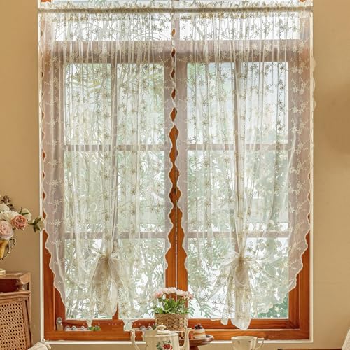 Ricemru Creme Scheibengardinen Landhausstil Spitze Gardinen Stickerei Blumen Spitzenvorhang Spitzengadinen in Wohnzimmer Küche 1 Stück,130x200 von Ricemru