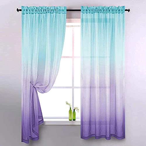 Ricemru Gardinen Farbverlauf Mint Grün Lila 2er Set Voile Vorhang Halbtransparent Kurz Kinderzimmer Tüllvorhang Dekoschals Gardine Schiebevorhänge für Wohnzimmer Schlafzimmer,106x160 von Ricemru