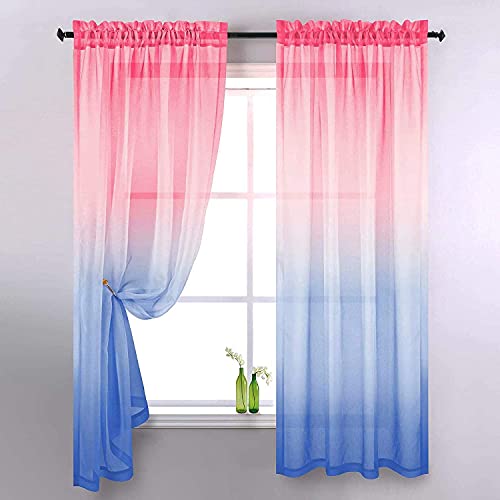 Ricemru Gardinen Farbverlauf Rosa Blau 2er Set Voile Vorhang Halbtransparent Kurz Kinderzimmer Tüllvorhang Dekoschals Gardine Schiebevorhänge für Wohnzimmer Schlafzimmer,106x160 von Ricemru