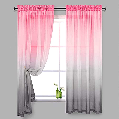 Ricemru Gardinen Farbverlauf Rosa Grau 2er Set Voile Vorhang Halbtransparent Kurz Kinderzimmer Tüllvorhang Dekoschals Gardine Schiebevorhänge für Wohnzimmer Schlafzimmer,106x160 von Ricemru