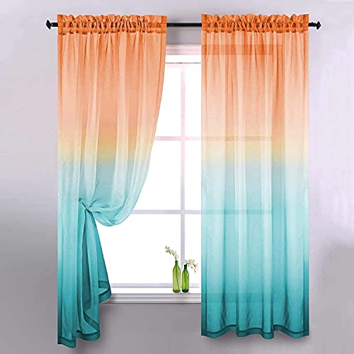 Ricemru Gardinen Vorhänge Farbverlauf Orange Türkis Kurz Voile Vorhang Transparent Bunt Kinderzimmer Junge Mädchen Tüllvorhang Fensterschals 2er Set für Wohnzimmer Schlafzimmer,132x160 von Ricemru