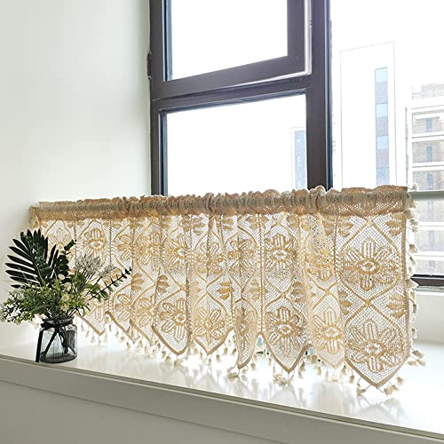 Ricemru Häkel Scheibengardinen Landhausstil Calliopsis Muster Gehäkelt Häkelgardine Vintage Kurz Küche Kurzstore Gardinen Bistrogardinen Kleine Fenstergardinen Türvorhang mit Quaste,180x38cm von Ricemru