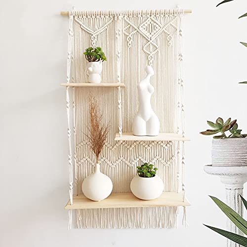 Ricemru Holz Hängendes Regal mit Seil 3 Ebenen Handgewebte Makramee Wandbehang Regal Lang Wandregal Wand Holz Wandschaukel Regale Holzregal Wand Aufhängen Boho Wanddeko von Ricemru