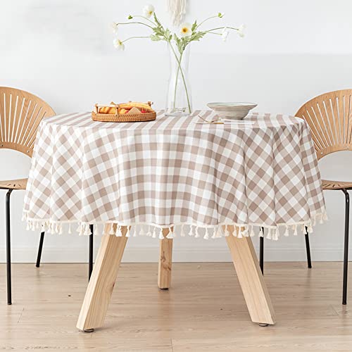 Ricemru Kariert Tischdecke Lotuseffekt Rund 180 Taupe Weiß Tischtuch Abwaschbar Garten Tischdecken Wasserdicht Fleckschutz TPU Gartentischdecke Elegant Tischwäsche mit Quaste von Ricemru
