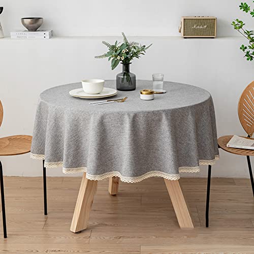 Ricemru Leinenoptik Tischdecke Abwaschbar Rund 140cm Grau mit Häkelkante Tischtuch Gartentisch Landhaus Elegant Tafeltuch Balkon Draussen Outdoor von Ricemru