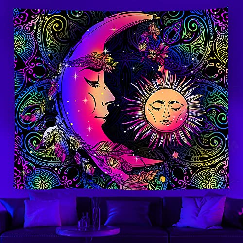 Ricemru Mond Sonne Wandteppich Psychedelic Schwarzlicht 150x100 Wandbehang Wandtücher Moon Bunt Paisley UV Reaktiv Tapestry Wanddeko Homedeko von Ricemru