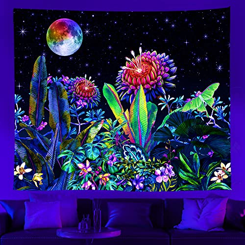 Ricemru Mond Sterne Wandteppich Flower Pflanzen Psychedelic Schwarzlicht 230x150 Wandbehang Wandtücher Fantasy Forest UV Reaktiv Tapestry Wanddeko Homedeko von Ricemru