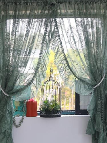 Ricemru Rokoko Scheibengardinen Spitze Vintage Landhaus Blumen Muster Dunkelgrün mit Rüschen Transparent Spitzegardinen Spitzevorhang Voile Bistrogardine Kurzstores Gardinen Wohnzimmer Küche von Ricemru