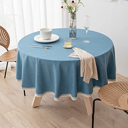 Ricemru Runde Tischdecke 140cm Leinenoptik Blau mit Häkelkante Tischdecken Einfarbig Landhausstil Abwaschbar Tischwäsch Gartentischdecke Küche Esszimmer Hochzeit Party von Ricemru