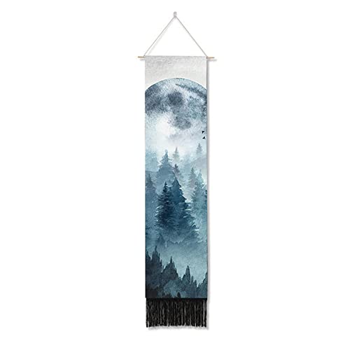 Ricemru Schmale Wandteppich Wald Nebel Wandbehang Baumkrone Nachthimmel Baum Moon Wandtuch Forest Berglandschaft Wanddeko Tapestry Wandkunst Deko von Ricemru