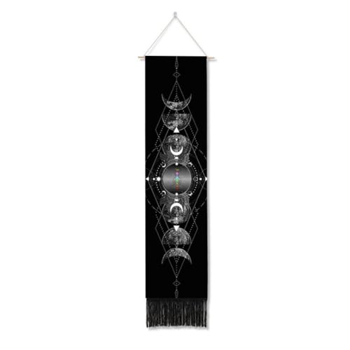 Ricemru Schmaler Wandteppich Mondphasen Wandbehang Mond Sterne Sieben Chakra Meditation Yoga Wandtuch Aesthetic Schwarz Weiß Tapestry Wandkunst Wanddekoration von Ricemru