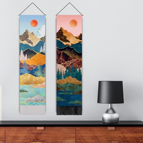 Ricemru Schmaler Wandteppich Natur Landschaft Wald See Querformat Wandbehang Berge Alpen Bunt Baum Sonne Bergsee Wandteppiche Wanddeko Tapestry Deko für Schlafzimmer 2er Pack von Ricemru