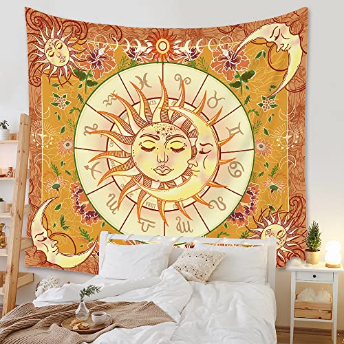 Ricemru Senfgelb Wandteppich Sonne Mond Bunt,Wandbehang Vintage Blumen Aesthetic Wandtücher Wandtuch Sonnengott Mystische Hippie Wanddeko für Schlafzimmer 150x130 von Ricemru