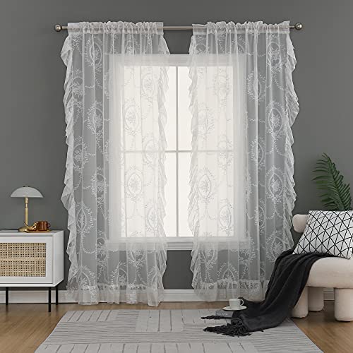 Ricemru Spitze Vorhang Französischer Landhausstil Transparent Weiß Barock Blumen Rüschengardinen Gardinen Vorhang Durchsichtig Dekoshals für Wohnzimmer Schlafzimmer,2 Stück 132x213 von Ricemru