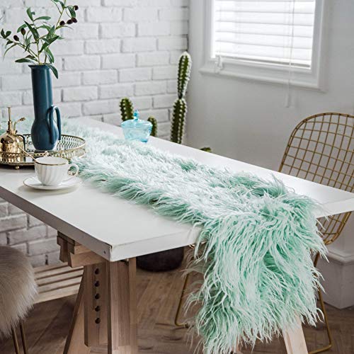 Ricemru Tischläufer Felloptik Mint Flauschig 30x180 Tischband Fell Kunstfell Boho Style Herbst Modern Tisch Läufer Home Decor für Hochzeit Party Weihnachten von Ricemru