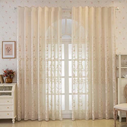 Ricemru Vintage Blumen Vorhange Gardinen Halbtransparent Ösen Creme Jacquard Barock Französischer Stil Ösenschal Dekoschal Gardinenschal für Wohnzimmer Schlafzimmer,2er Set 140x225 von Ricemru