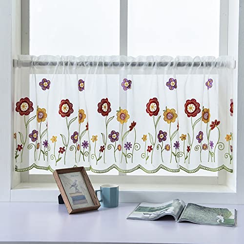 Ricemru Voile Scheibengardinen Kurzstore Landhausstil 50 Weiß Stickerei Blumenmuster Kurzvorhang Bistrogardine Transparent Modern Kurz Küche Balkontür und Fenster,100x50cm von Ricemru