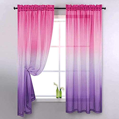 Ricemru Vorhange Farbverlauf Rosa Lila 2er Pack Gardinen Halbtransparent Bunt Kinderzimmer Mädchen Junge Voile Fensterschals für Wohnzimmer Schlafzimmer,106x213 von Ricemru