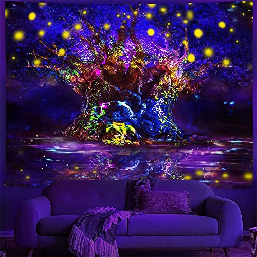 Ricemru Wandteppich Baum des Lebens Psychedelic Schwarzlicht Liebe UV Reaktiv Wandbehang Wald Nacht Wandtuch Fantasy Baum Magic Baumkrone Wanddeko Tapestry Wandkunst Deko,230x180 von Ricemru