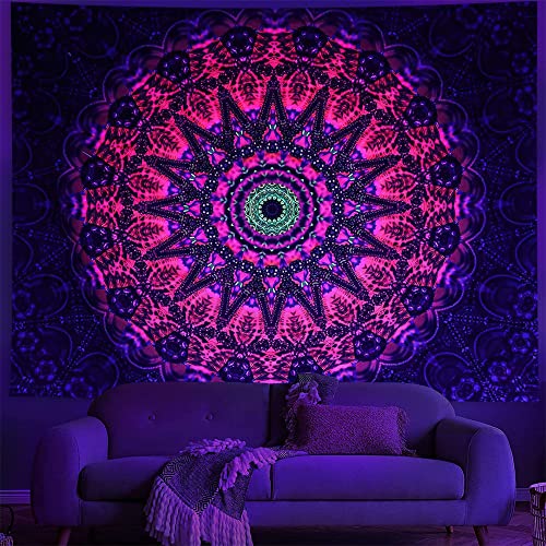 Ricemru Wandteppich Mandala Schwarzlicht 150x100 Liebe UV Reaktiv Wandbehang Psychedelic Trippy Wandtuch Fantasy Indisch Hippie Wanddeko Tapestry Wandkunst Deko,150x130 von Ricemru