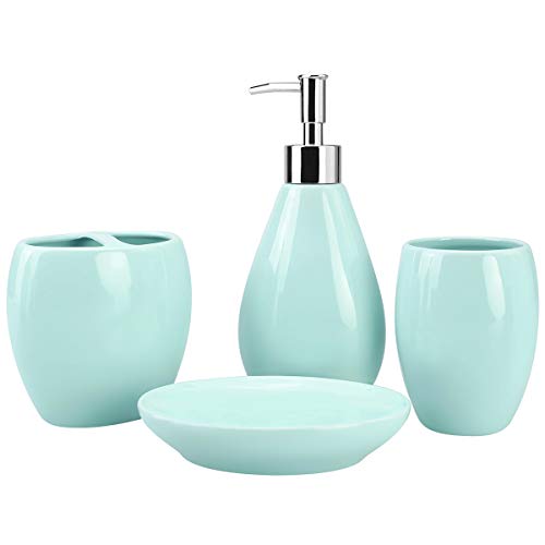 4-teiliges Keramik Badezimmer Zubehör Set, Badezimmer Zubehör Set beinhaltet Seifenspender, Zahnbürstenhalter, Becher, komplette Badezimmer Ensemble Sets für Bad Dekor, Ideen Home Geschenk (Grün) von Rich Life