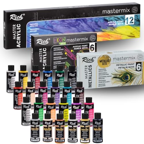 Rich Mastermix Acrylfarben-Komplettset, 24 farben x 60 ml, 12 Standardfarben, 6 Neonfarben & 6 Metallicfarben jeweils 60 ml, Hochpigmentierte Künstlerfarben für vielseitige Kreativprojekte Rich Mastermix Acrylfarben-Komplettset, 24 farben x 60 ml, 12 Standardfarben, 6 Neonfarben & 6 Metallicfarben jeweils 60 ml, Hochpigmentierte Künstlerfarben für vielseitige Kreativprojekte von Rich