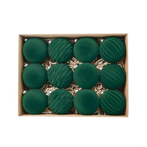12 Stück elegante beflockte Weihnachtsbaumkugeln, 8,9 cm Samt-Ornamente für festliche Dekoration (grün) von RichVibe