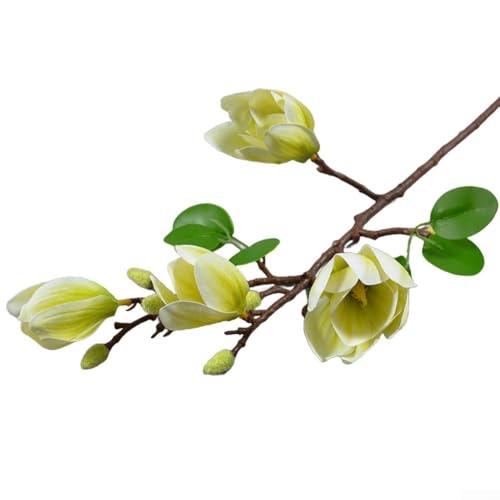 Künstlicher Blumenzweig aus Seide und Kunststoff mit 4 Magnolien-Blütenköpfen und Orchideen-Detail, geeignet für Zuhause, Hochzeit und Büro Dekoration (grün) von RichVibe