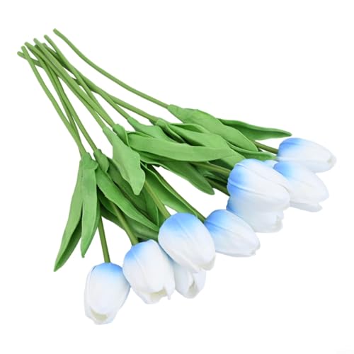 Set mit 10 künstlichen Tulpen für Hochzeit, Tafelaufsätze, Zuhause und Wohnzimmer, Blumendekor mit langlebigem Seidenmaterial (33 cm, weiß-blau) von RichVibe