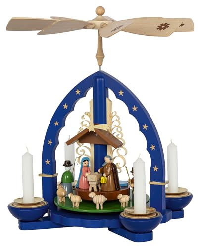 Richard Glaesser Pyramide Heilige Familie blau für Teelicht und Kerzen aus Seiffen im Erzgebirge, 16058 von Richard Glässer Seiffen