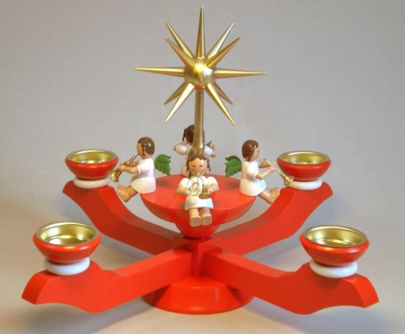 Richard Glaesser Kerzenständer Adventsleuchter rot für Teelichte, Höhe 24 cm / Breite 28 cm, Handwerkskunst original Erzgebirge von Richard Glaesser
