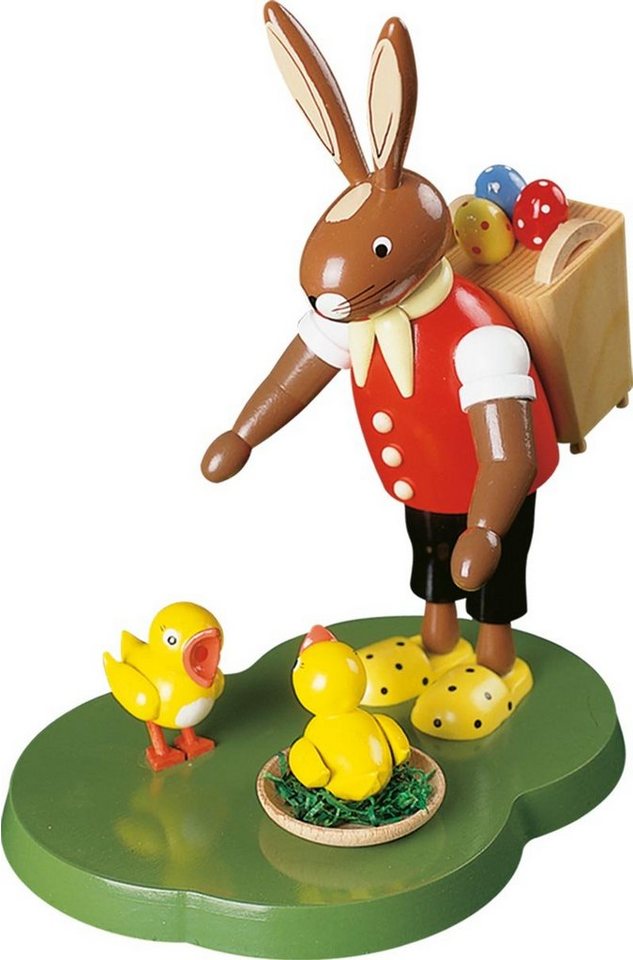 Richard Glaesser Osterhase stehend mit Korb und Küken (19 cm), Hase aus Holz, Handwerkskunst original Erzgebirge von Richard Glaesser