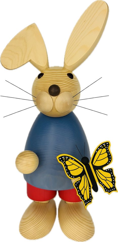 Richard Glaesser Osterhase XXL blau mit Schmetterling, Höhe 63cm, Handwerkskunst original Erzgebirge von Richard Glaesser