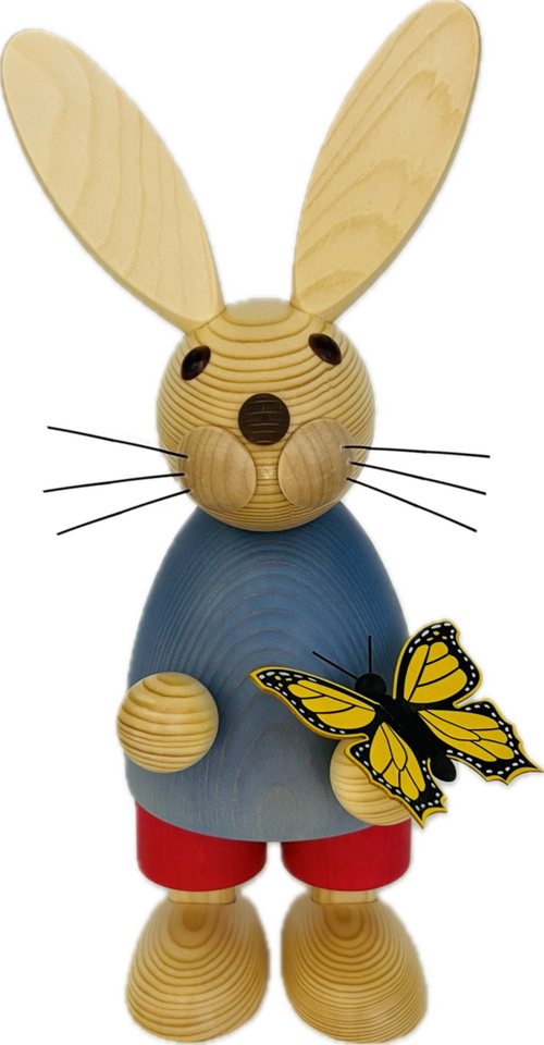 Richard Glaesser Osterhase blau mit Schmetterling (32cm), Hase aus Holz (Osterdeko), Handwerkskunst original Erzgebirge von Richard Glaesser