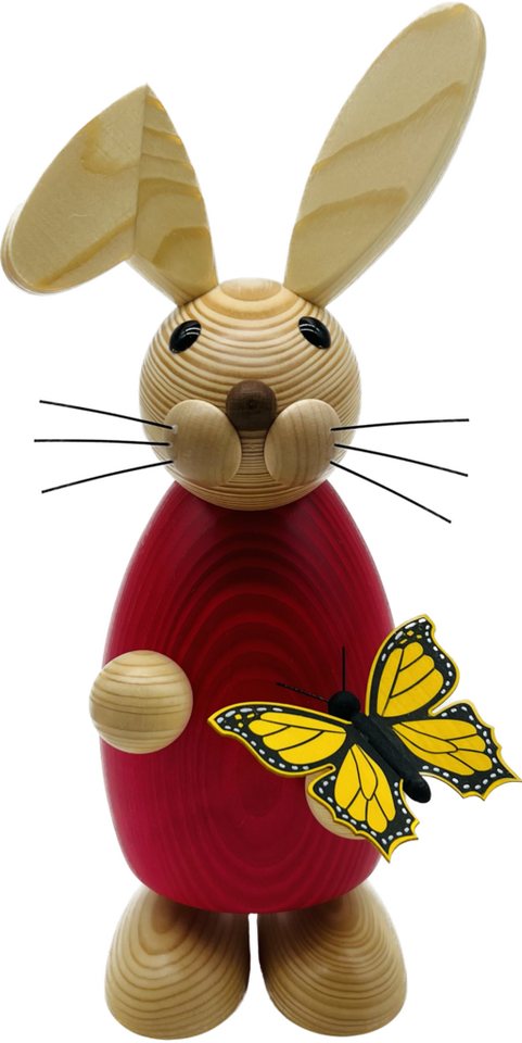 Richard Glaesser Osterhase rot mit Schmetterling (32cm), Hase aus Holz (Osterdeko), Handwerkskunst original Erzgebirge von Richard Glaesser