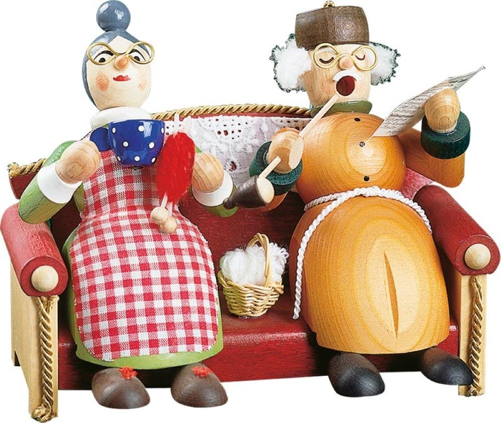 Richard Glaesser Räuchermännchen Rauchmann Oma und Opa auf Sofa aus Seiffen im Erzgebirge Nr. 26025, Handwerkskunst aus dem Erzgebirge von Richard Glaesser