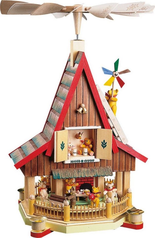 Richard Glaesser Weihnachtspyramide Adventshaus Pyramide Bärenhaus bunt, Höhe 53 cm, Handwerkskunst original Erzgebirge von Richard Glaesser