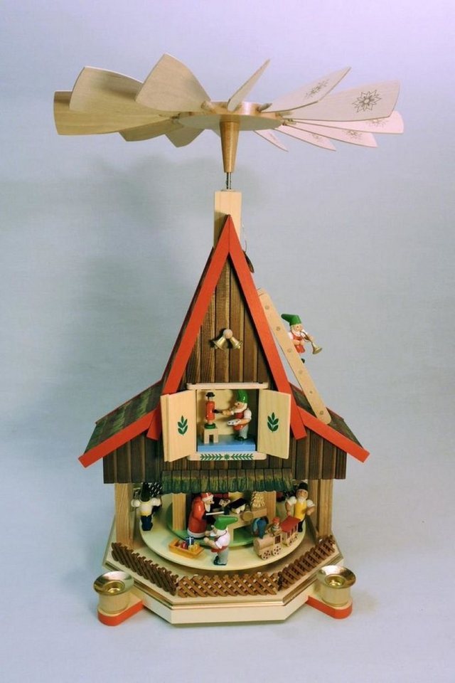 Richard Glaesser Weihnachtspyramide Adventshaus mit Zwergen, Höhe ca. 53cm, Handwerkskunst original Erzgebirge von Richard Glaesser