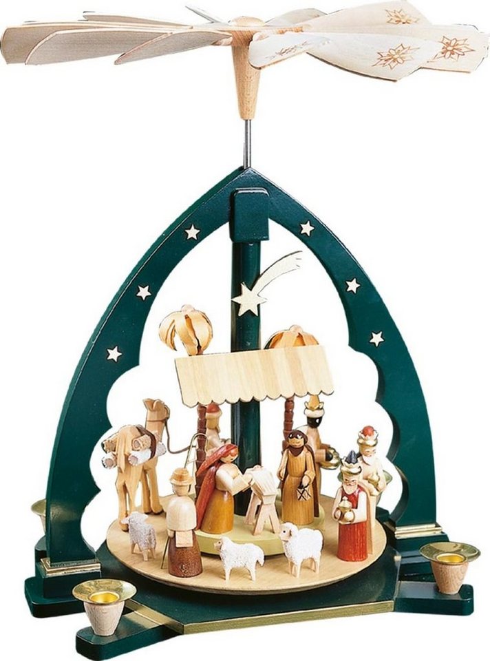 Richard Glaesser Weihnachtspyramide Heilige Familie grün, Höhe 40cm, Handwerkskunst original Erzgebirge von Richard Glaesser