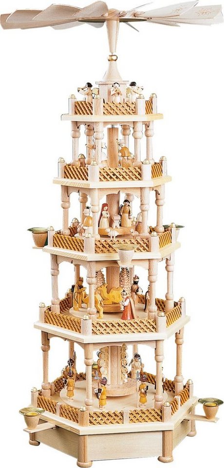 Richard Glaesser Weihnachtspyramide Heilige Familie natur 4-stöckig mit Spielwerk, Handwerkskunst aus dem Erzgebirge von Richard Glaesser