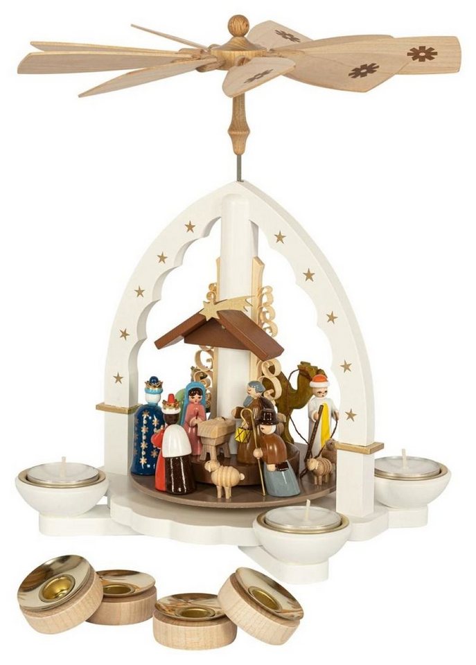 Richard Glaesser Weihnachtspyramide Heilige Familie weiß für Teelicht und Kerzen direkt vom Hersteller, Handwerkskunst aus dem Erzgebirge von Richard Glaesser