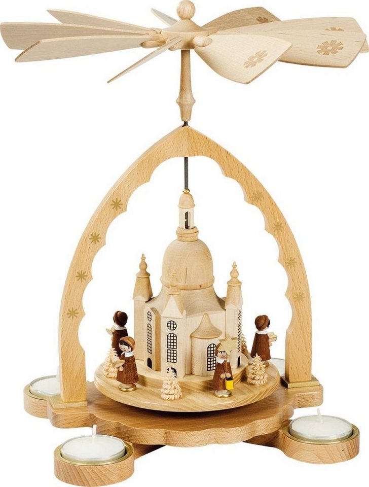 Richard Glaesser Weihnachtspyramide Pyramide Dresdner Frauenkirche mit Kurrende für Teelichte, Höhe 27 cm, Handwerkskunst original Erzgebirge von Richard Glaesser