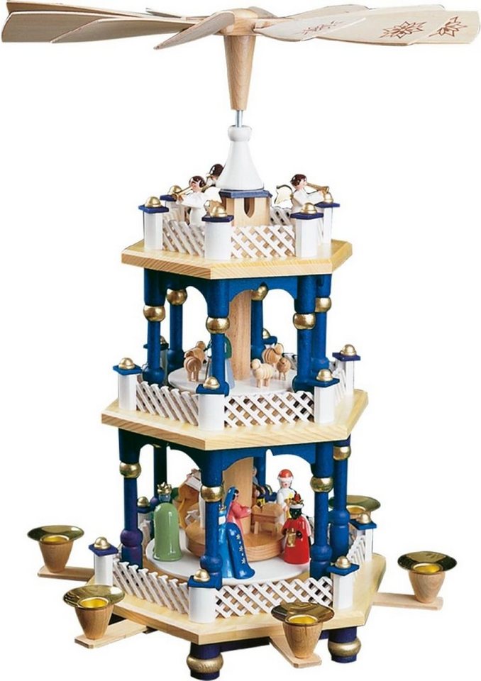 Richard Glaesser Weihnachtspyramide Pyramide Heilige Familie blau 2-stöckig, Höhe 40 cm, Handwerkskunst original Erzgebirge von Richard Glaesser