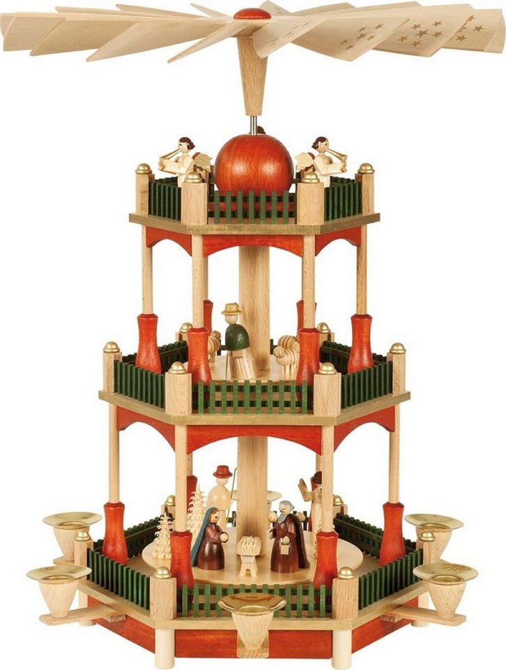 Richard Glaesser Weihnachtspyramide Pyramide Heilige Familie bunt 2-stöckig, Höhe ca. 39 cm, Handwerkskunst aus dem Erzgebirge von Richard Glaesser