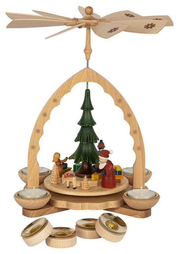 Richard Glaesser Weihnachtspyramide Pyramide Weihnachtswald bunt für Teelicht und Kerzen, Höhe 27 cm, Handwerkskunst aus dem Erzgebirge von Richard Glaesser