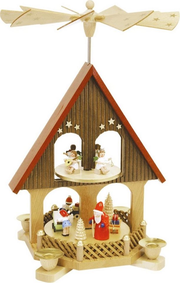 Richard Glaesser Weihnachtspyramide Pyramidenhaus Bescherung bunt 2-stöckig, Höhe 36 cm, Handwerkskunst original Erzgebirge von Richard Glaesser