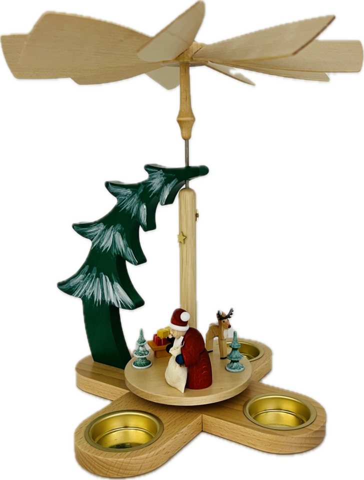 Richard Glaesser Weihnachtspyramide Tannenpyramide Weihnachtsmann mit Rentier für Teelichter, Höhe 27cm, Handwerkskunst original Erzgebirge von Richard Glaesser