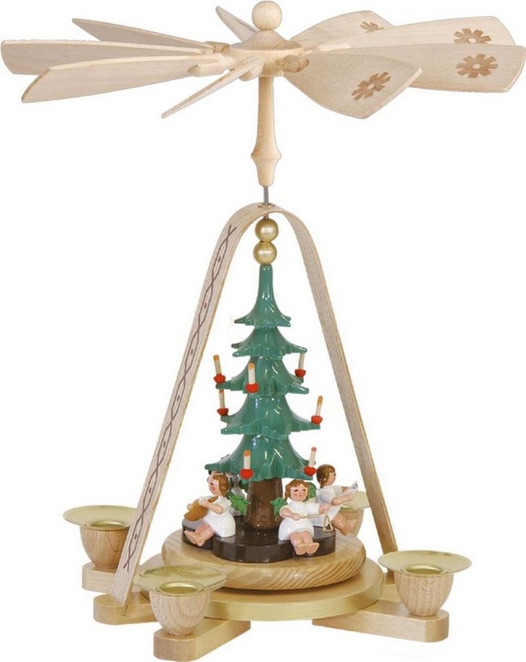 Richard Glaesser Weihnachtspyramide Tischpyramide Engel unter dem Tannenbaum, Höhe 28 cm, Handwerkskunst original Erzgebirge von Richard Glaesser